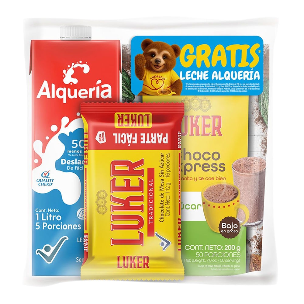 Imagen de Chocolate LUKER x112 g + choco express x200 g gratis leche alquería x1000 ml
